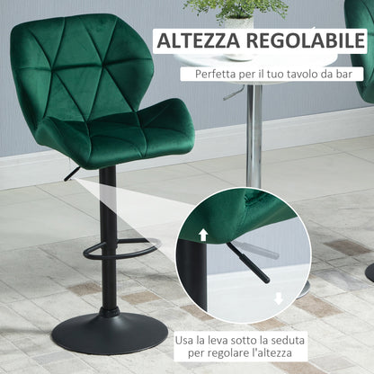 Set of 2 Bar Stools, Adjustable Height with Metal Base and Velvet Seat, Modern Stools with Backrest and Footrest, 46x48x83-104cm, Green