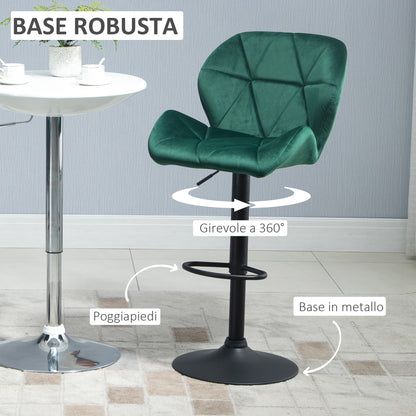 Set of 2 Bar Stools, Adjustable Height with Metal Base and Velvet Seat, Modern Stools with Backrest and Footrest, 46x48x83-104cm, Green