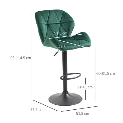 Set of 2 Bar Stools, Adjustable Height with Metal Base and Velvet Seat, Modern Stools with Backrest and Footrest, 46x48x83-104cm, Green