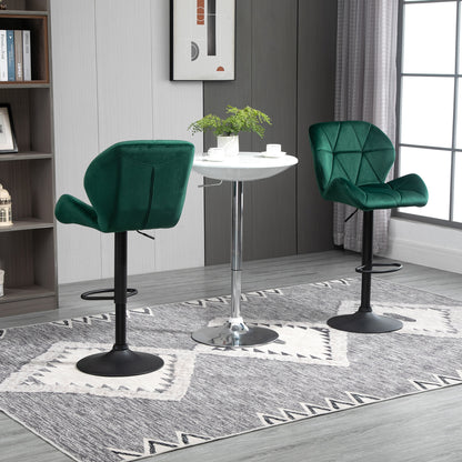 Set of 2 Bar Stools, Adjustable Height with Metal Base and Velvet Seat, Modern Stools with Backrest and Footrest, 46x48x83-104cm, Green