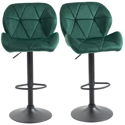 Set of 2 Bar Stools, Adjustable Height with Metal Base and Velvet Seat, Modern Stools with Backrest and Footrest, 46x48x83-104cm, Green