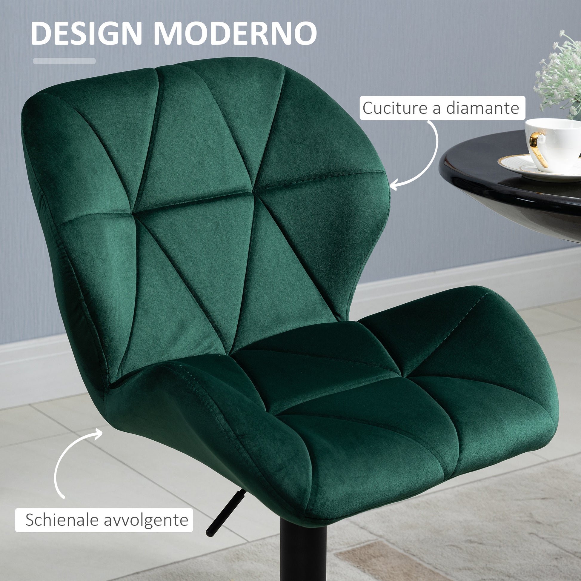 Set of 2 Bar Stools, Adjustable Height with Metal Base and Velvet Seat, Modern Stools with Backrest and Footrest, 46x48x83-104cm, Green