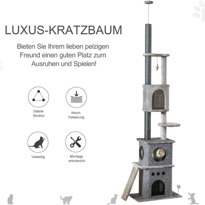 Cat Tree Ceiling High Climbing Tree with Cat Toy Sisal Plush Light Gray Height Adjustable 60 x 40 x 225-255 cm
