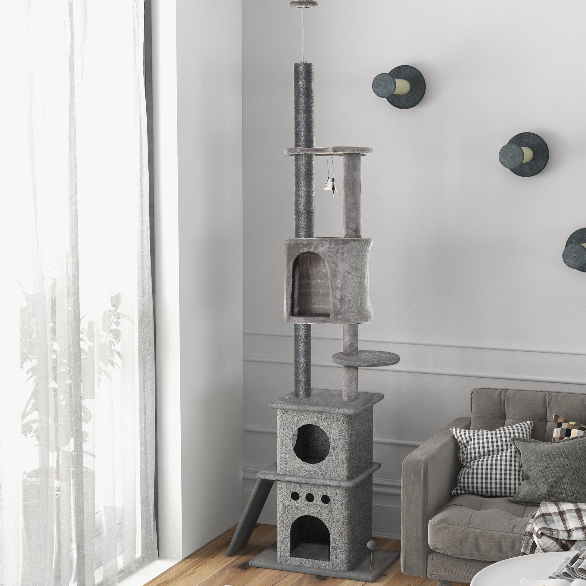 Cat Tree Ceiling High Climbing Tree with Cat Toy Sisal Plush Light Gray Height Adjustable 60 x 40 x 225-255 cm