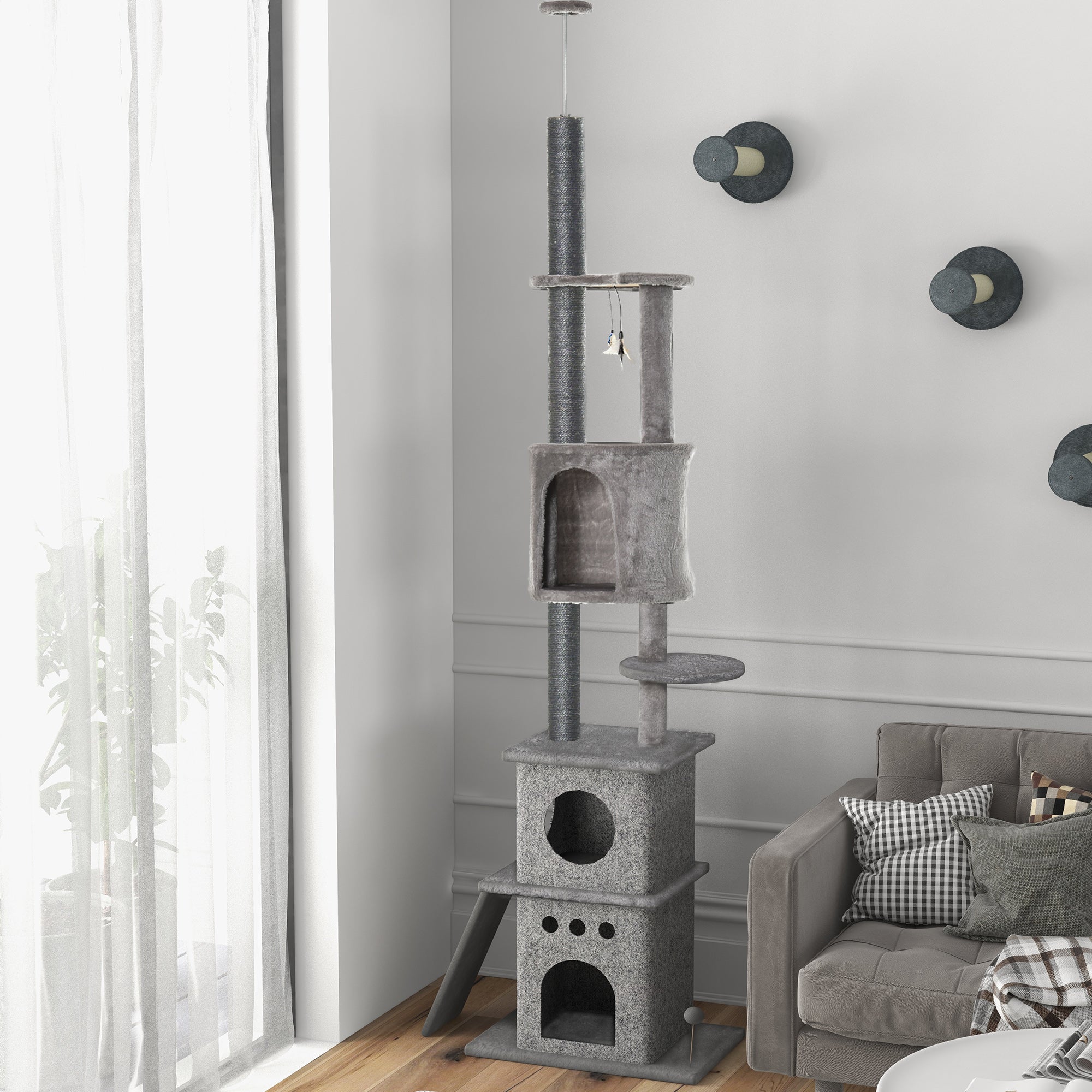 Cat Tree Ceiling High Climbing Tree with Cat Toy Sisal Plush Light Gray Height Adjustable 60 x 40 x 225-255 cm