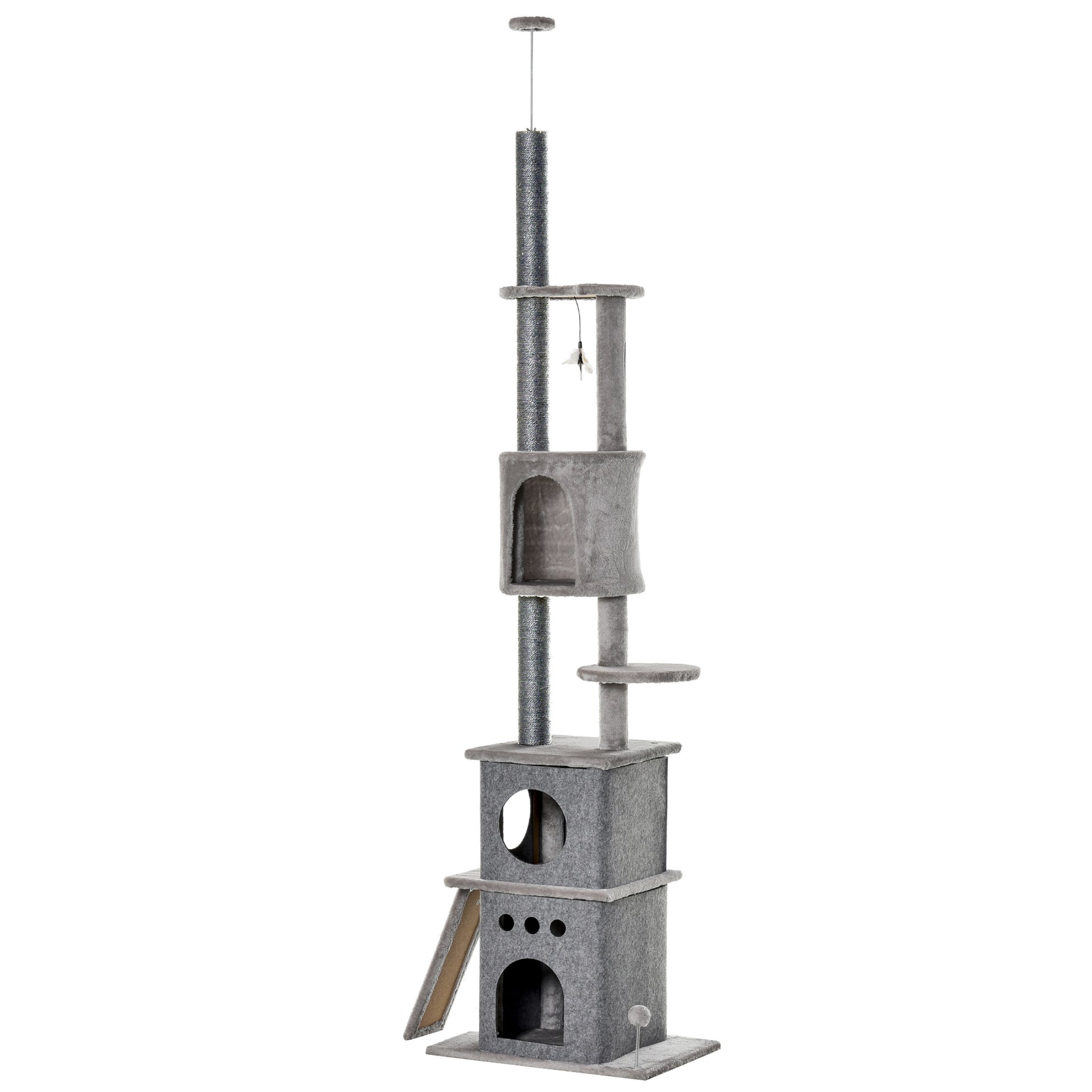 Cat Tree Ceiling High Climbing Tree with Cat Toy Sisal Plush Light Gray Height Adjustable 60 x 40 x 225-255 cm
