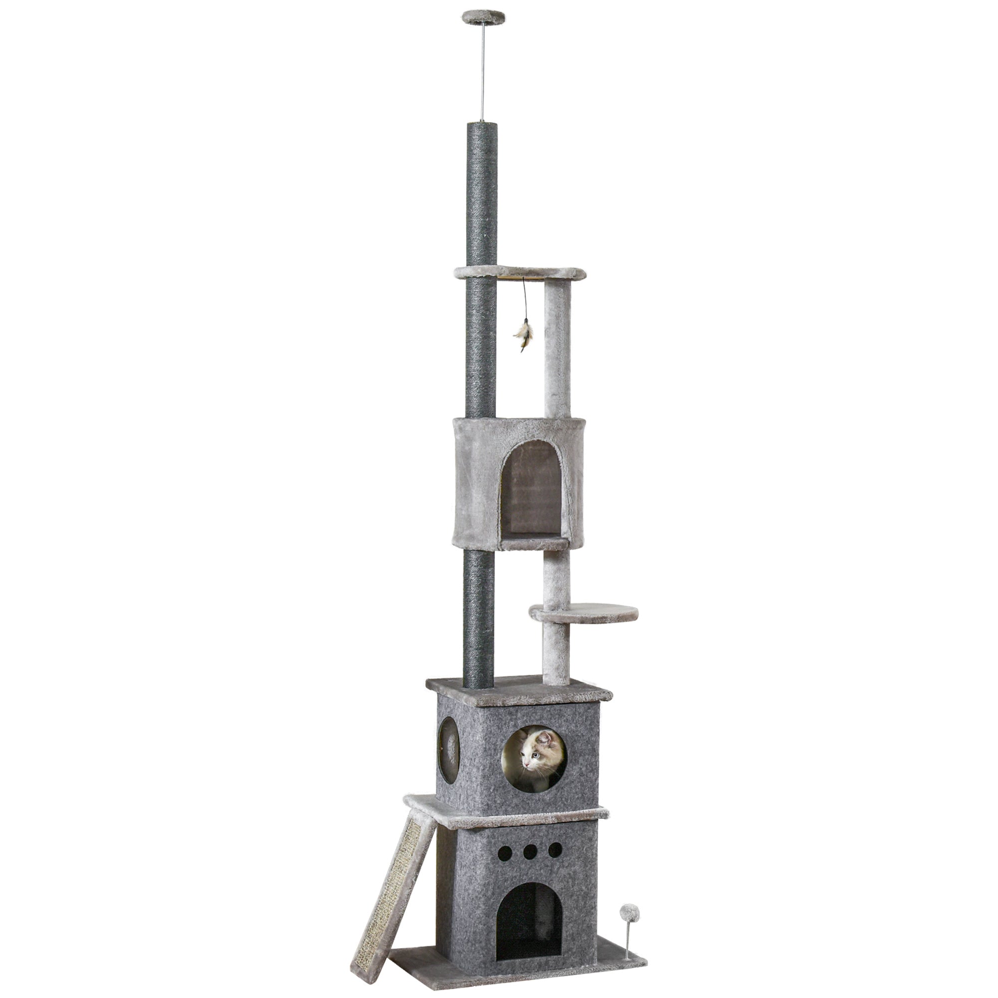 Cat Tree Ceiling High Climbing Tree with Cat Toy Sisal Plush Light Gray Height Adjustable 60 x 40 x 225-255 cm