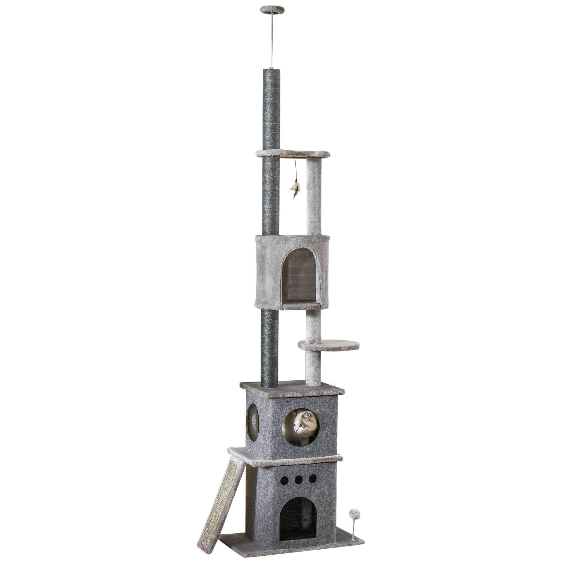 Cat Tree Ceiling High Climbing Tree with Cat Toy Sisal Plush Light Gray Height Adjustable 60 x 40 x 225-255 cm