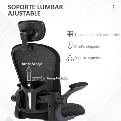 Mesh Swivel Office Chair High Back Office Chair with Adjustable Headrest Lumbar Support 4D Foldable Armrest Adjustable Height 62x64x112-120 cm Black