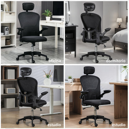 Mesh Swivel Office Chair High Back Office Chair with Adjustable Headrest Lumbar Support 4D Foldable Armrest Adjustable Height 62x64x112-120 cm Black