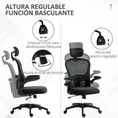 Mesh Swivel Office Chair High Back Office Chair with Adjustable Headrest Lumbar Support 4D Foldable Armrest Adjustable Height 62x64x112-120 cm Black