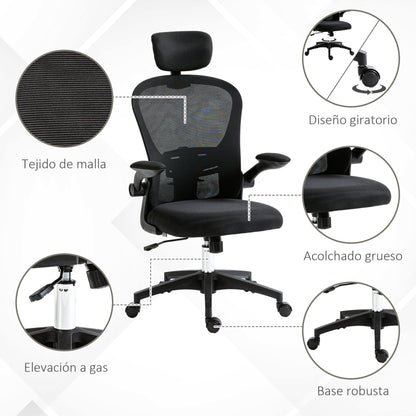 Mesh Swivel Office Chair High Back Office Chair with Adjustable Headrest Lumbar Support 4D Foldable Armrest Adjustable Height 62x64x112-120 cm Black