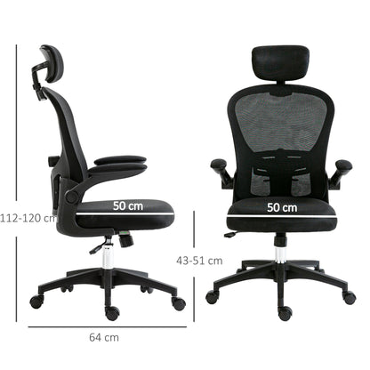Mesh Swivel Office Chair High Back Office Chair with Adjustable Headrest Lumbar Support 4D Foldable Armrest Adjustable Height 62x64x112-120 cm Black