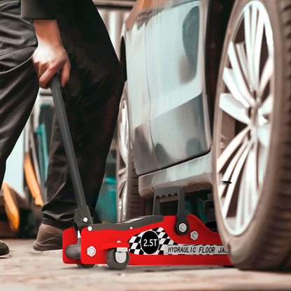 Hydraulic Jack, Extra Flat Maneuvering Jack, Maximum Load Capacity of 2500 kg, with Lifting Range of 80 to 360 mm, Wheels, Top Handle, Steel, for Car, Truck, Motorcycle, ATV, Red