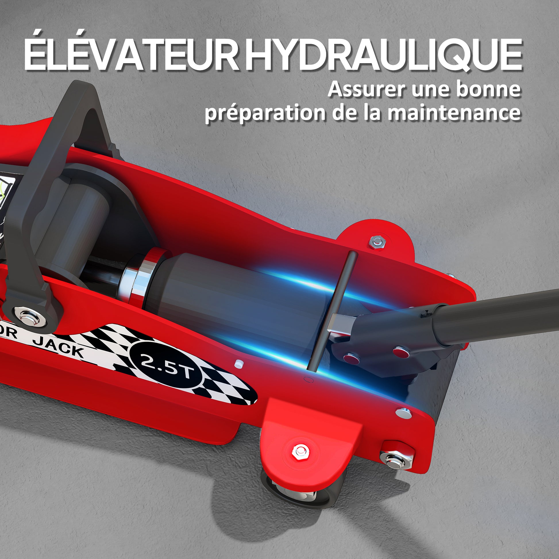 Hydraulic Jack, Extra Flat Maneuvering Jack, Maximum Load Capacity of 2500 kg, with Lifting Range of 80 to 360 mm, Wheels, Top Handle, Steel, for Car, Truck, Motorcycle, ATV, Red