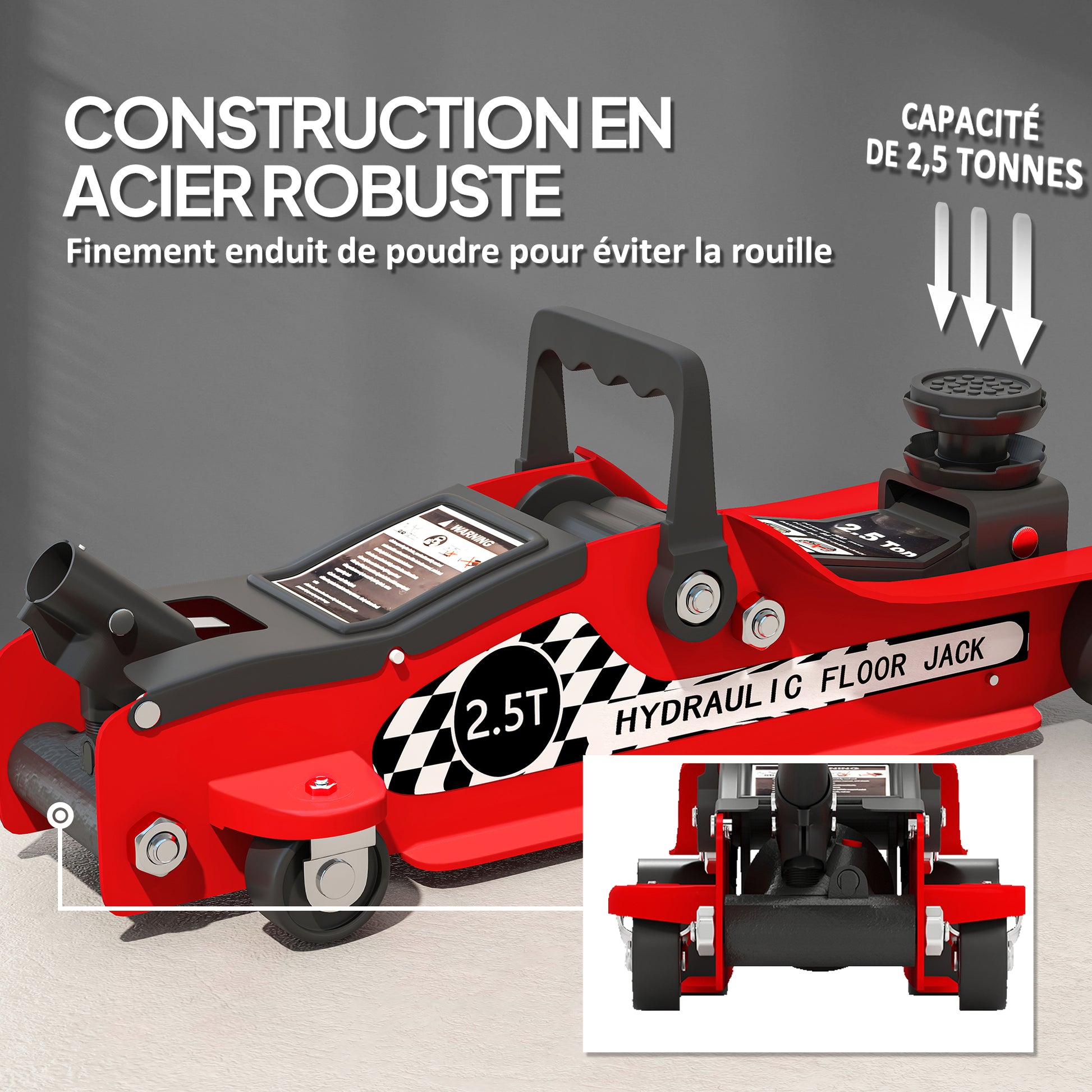 Hydraulic Jack, Extra Flat Maneuvering Jack, Maximum Load Capacity of 2500 kg, with Lifting Range of 80 to 360 mm, Wheels, Top Handle, Steel, for Car, Truck, Motorcycle, ATV, Red