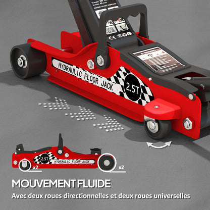 Hydraulic Jack, Extra Flat Maneuvering Jack, Maximum Load Capacity of 2500 kg, with Lifting Range of 80 to 360 mm, Wheels, Top Handle, Steel, for Car, Truck, Motorcycle, ATV, Red