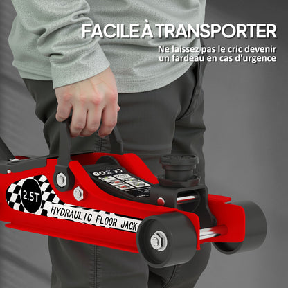 Hydraulic Jack, Extra Flat Maneuvering Jack, Maximum Load Capacity of 2500 kg, with Lifting Range of 80 to 360 mm, Wheels, Top Handle, Steel, for Car, Truck, Motorcycle, ATV, Red