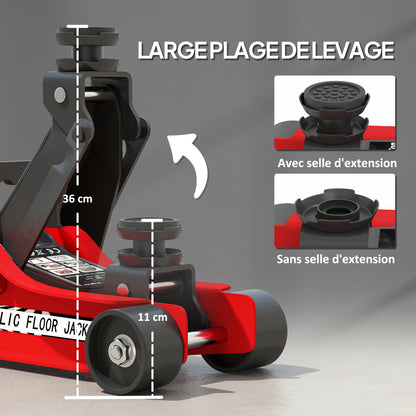 Hydraulic Jack, Extra Flat Maneuvering Jack, Maximum Load Capacity of 2500 kg, with Lifting Range of 80 to 360 mm, Wheels, Top Handle, Steel, for Car, Truck, Motorcycle, ATV, Red