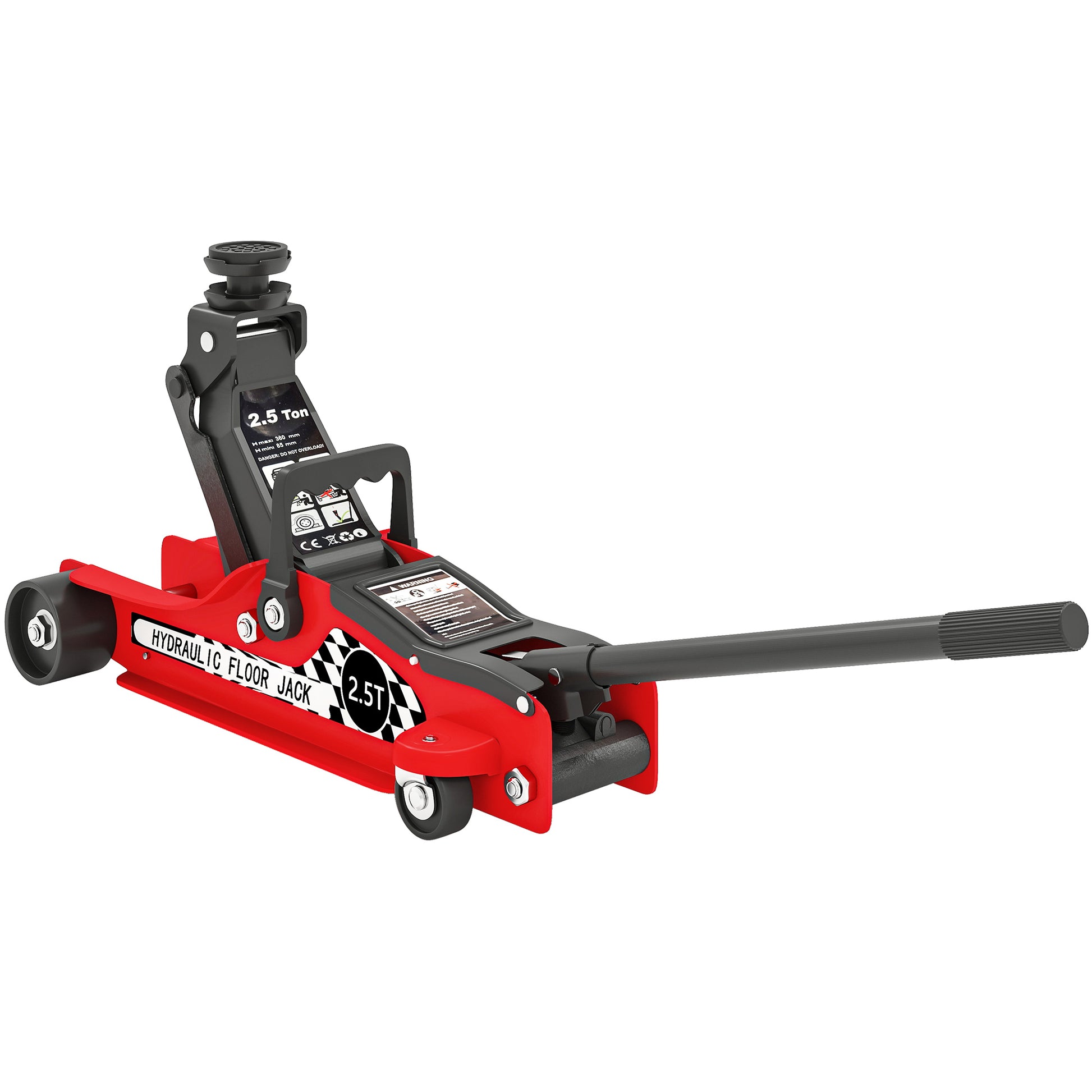 Hydraulic Jack, Extra Flat Maneuvering Jack, Maximum Load Capacity of 2500 kg, with Lifting Range of 80 to 360 mm, Wheels, Top Handle, Steel, for Car, Truck, Motorcycle, ATV, Red