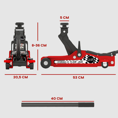 Hydraulic Jack, Extra Flat Maneuvering Jack, Maximum Load Capacity of 2500 kg, with Lifting Range of 80 to 360 mm, Wheels, Top Handle, Steel, for Car, Truck, Motorcycle, ATV, Red