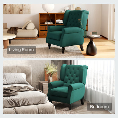 Wingback Armchair with Armrests, Tufted High-Back Lounge Chair with Cushion, Eucalyptus Wood Legs, Dark Green