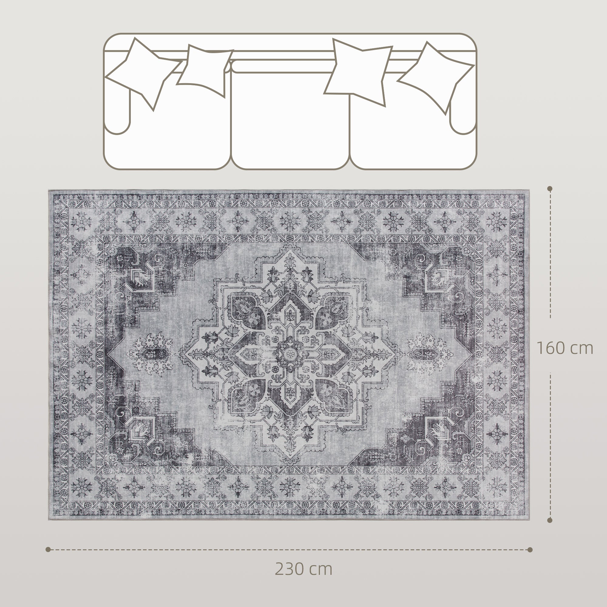 Machine-Washable Anti-Slip Vintage Flannel Short-Pile Area Rug for Living Room, Kitchen, Patio & Balcony, 90.6 x 63 in, Gray