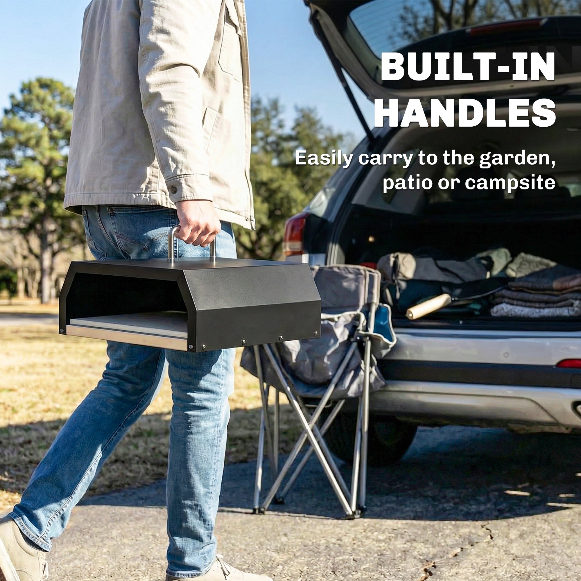 3-in-1 Outdoor Wood-Fired Pizza Oven, Stainless Steel 2-Tier Oven with Pizza Stone, Handles & Peel — Portable Patio Pizza Oven for Garden Parties