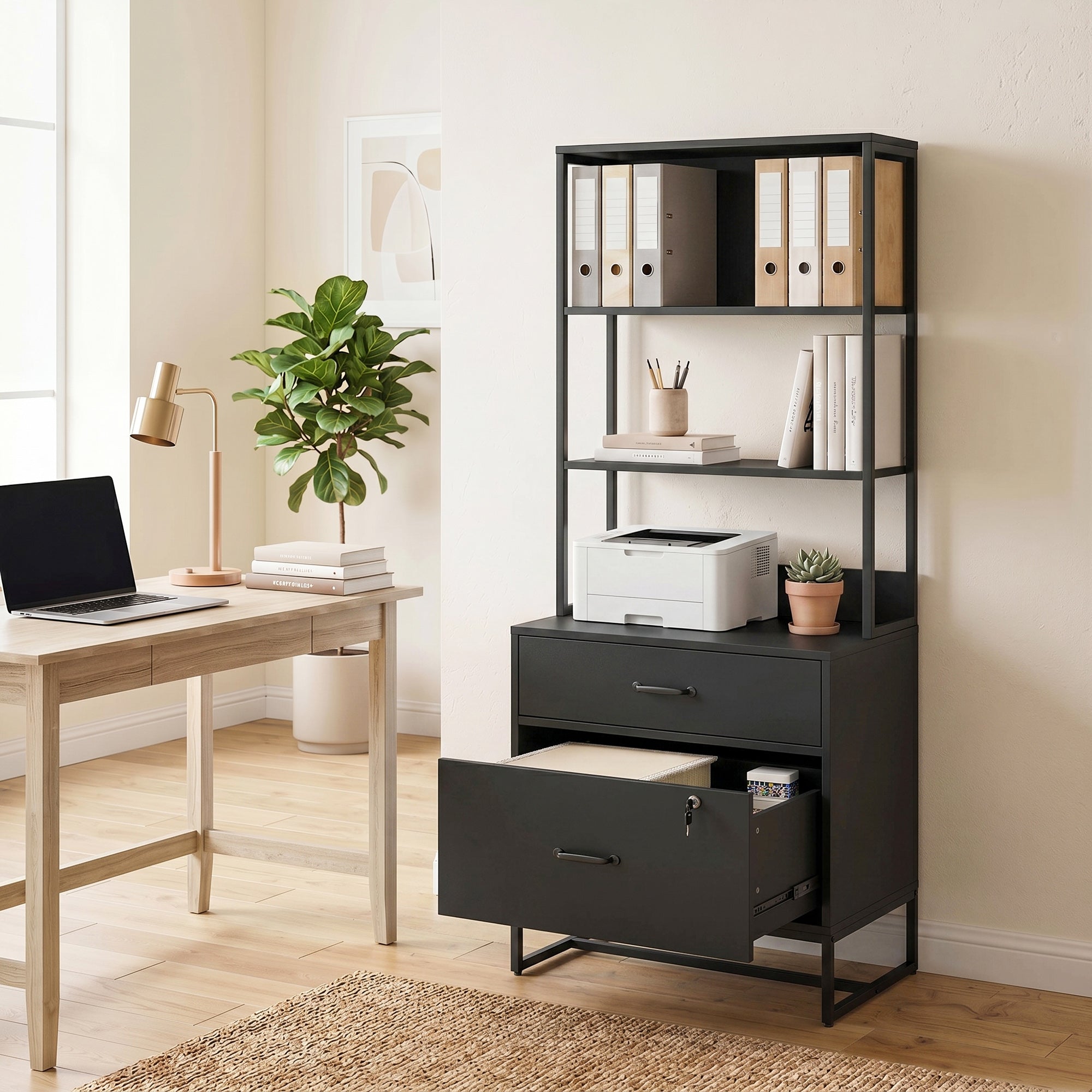 Filing Cabinet Office Storage with Bookshelf for A4, Letter & Legal Files, 2 Drawers, Printer Stand, Black