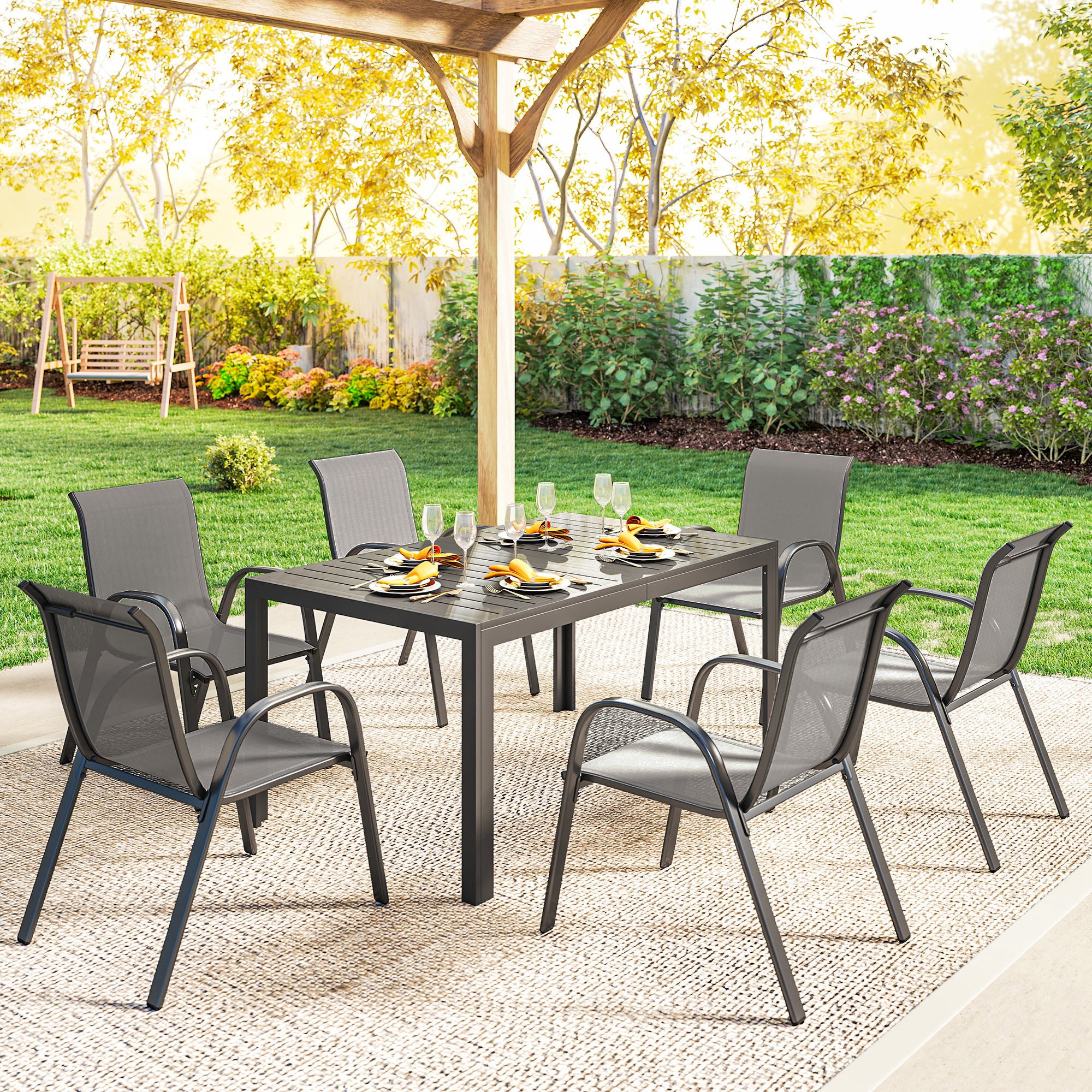 7-Piece Garden Dining Set — Rectangular Table with 6 Stackable Textilene Chairs, Light Gray