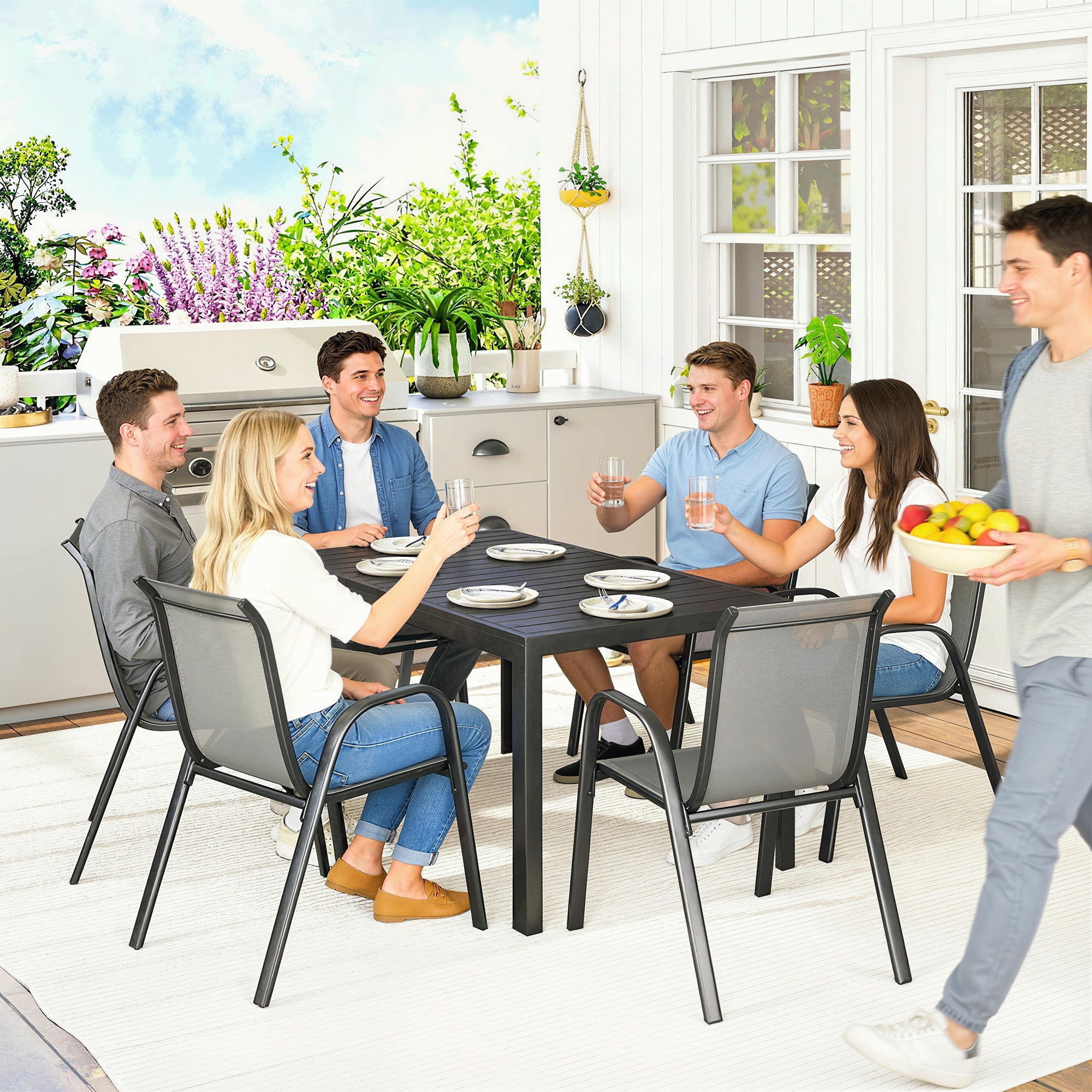 7-Piece Garden Dining Set — Rectangular Table with 6 Stackable Textilene Chairs, Light Gray