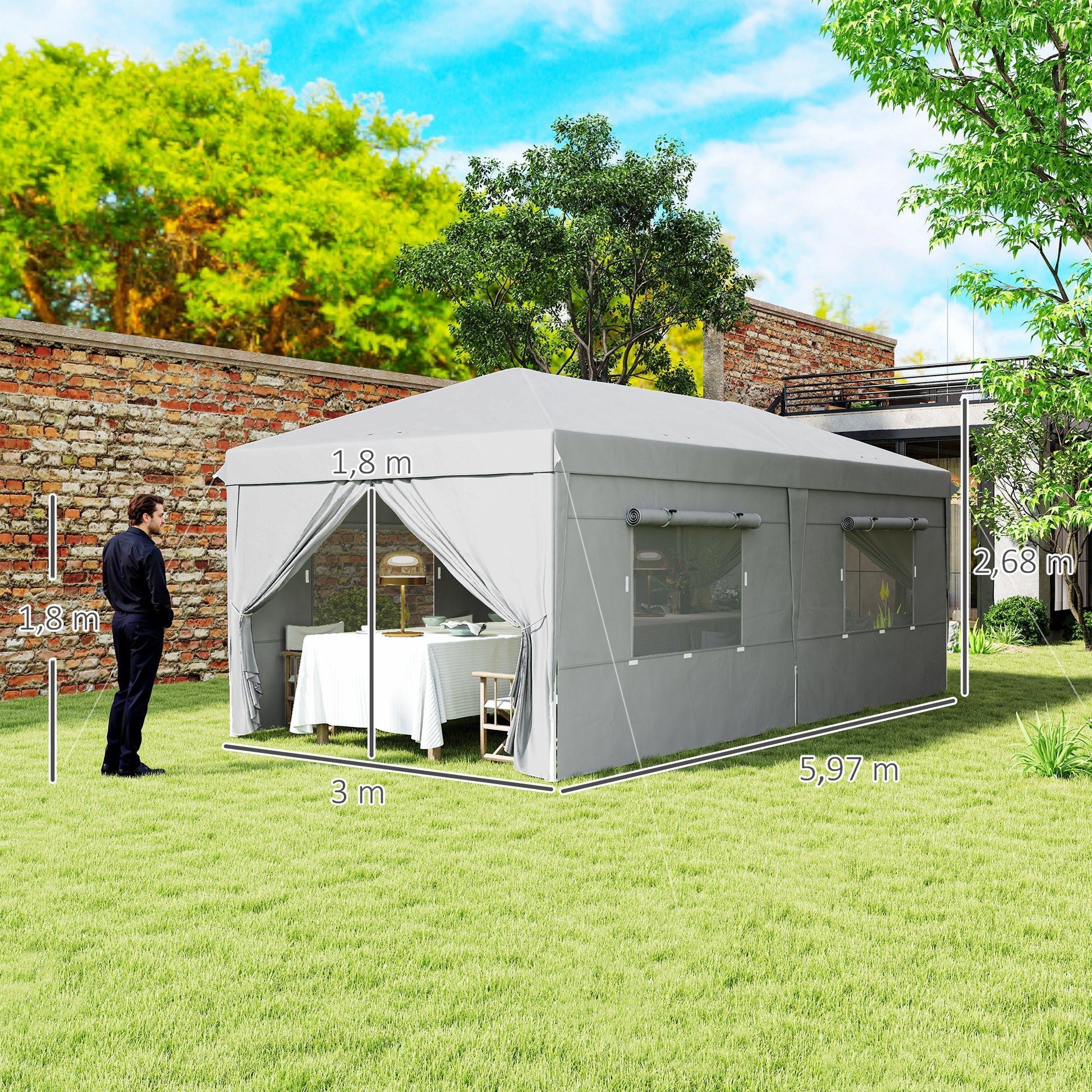 Pavilion approx. 3x6m, water-resistant Stable Winterproof Pop-up Folding Pavilion, UV Protection 50+, Foldable Party Tent Garden Tent with 6 Side Panels Bag Garden Pavilion for Camping Garden, Light Gray