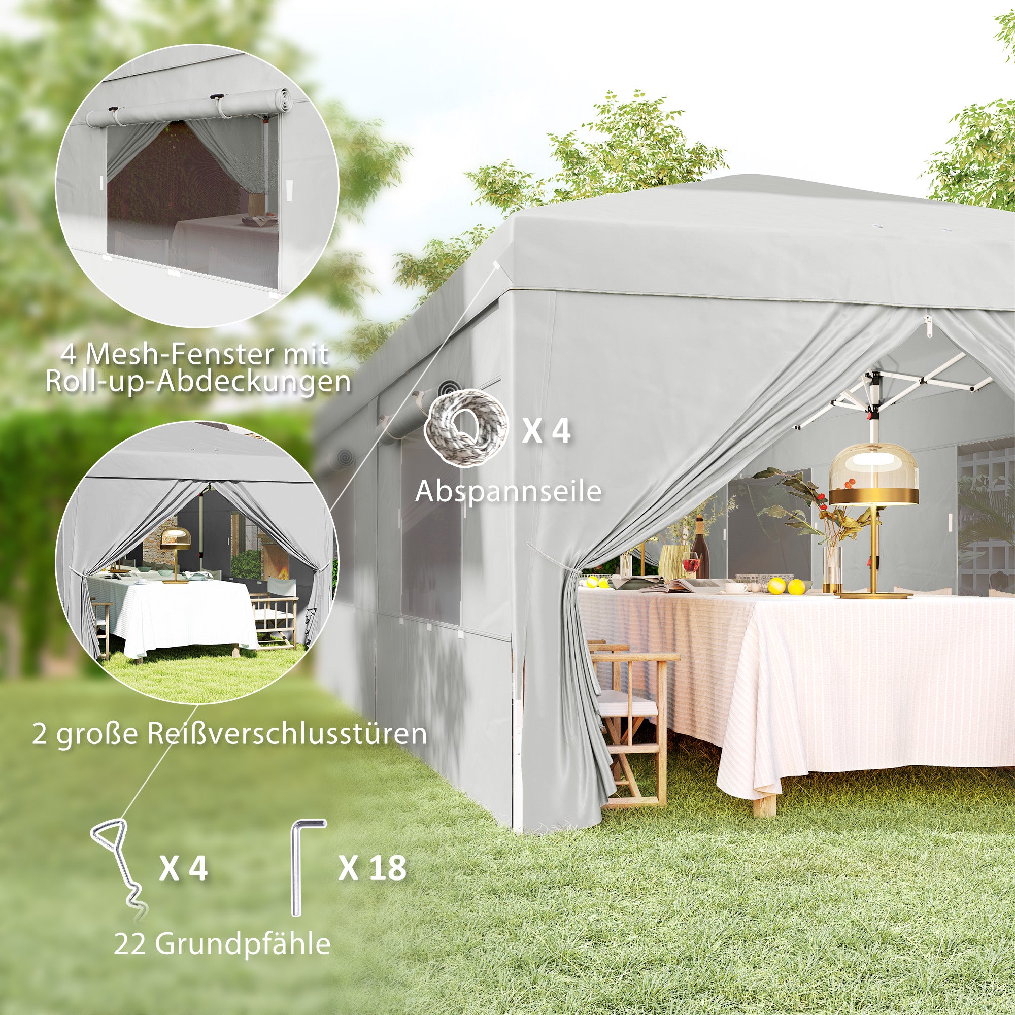 Pavilion approx. 3x6m, water-resistant Stable Winterproof Pop-up Folding Pavilion, UV Protection 50+, Foldable Party Tent Garden Tent with 6 Side Panels Bag Garden Pavilion for Camping Garden, Light Gray