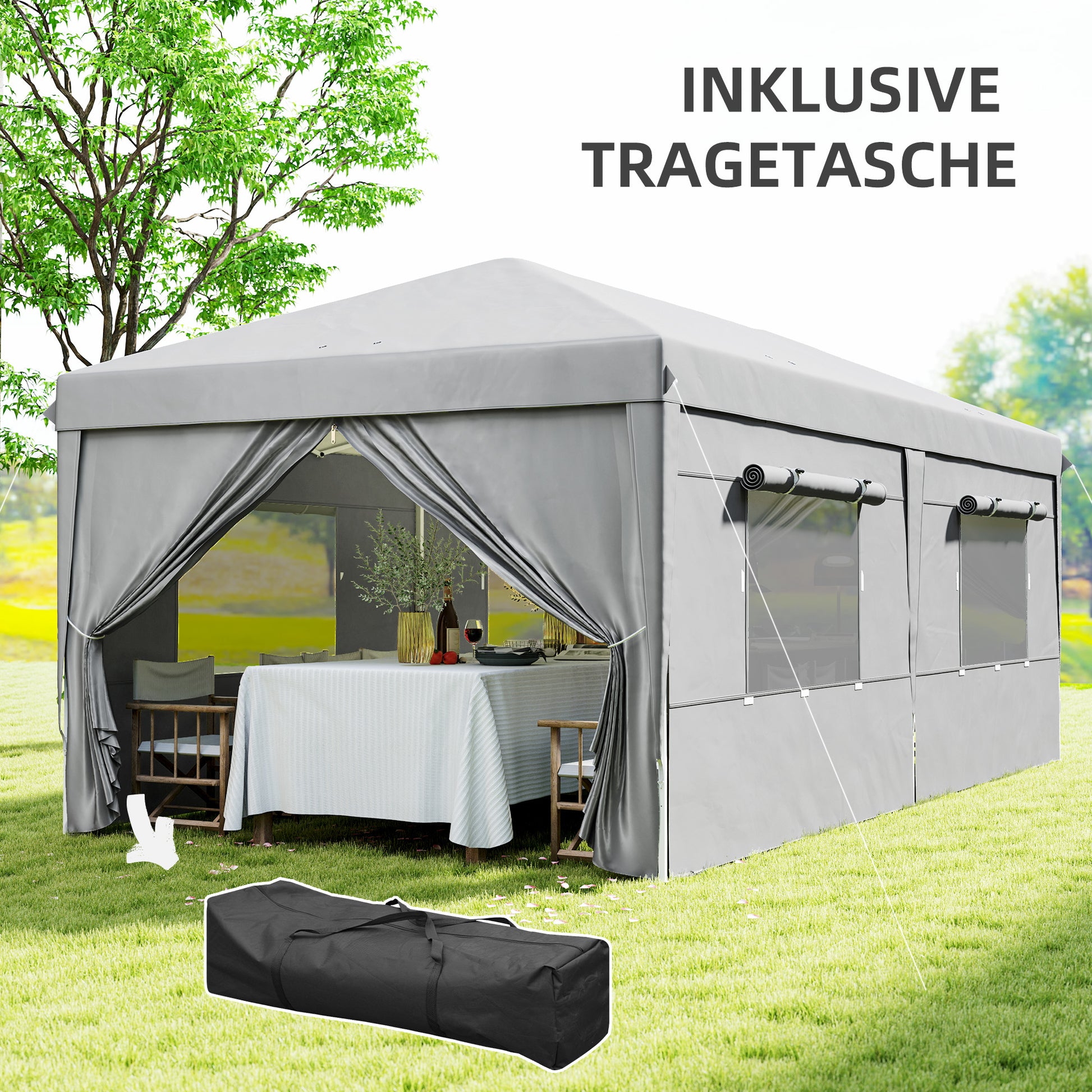 Pavilion approx. 3x6m, water-resistant Stable Winterproof Pop-up Folding Pavilion, UV Protection 50+, Foldable Party Tent Garden Tent with 6 Side Panels Bag Garden Pavilion for Camping Garden, Light Gray