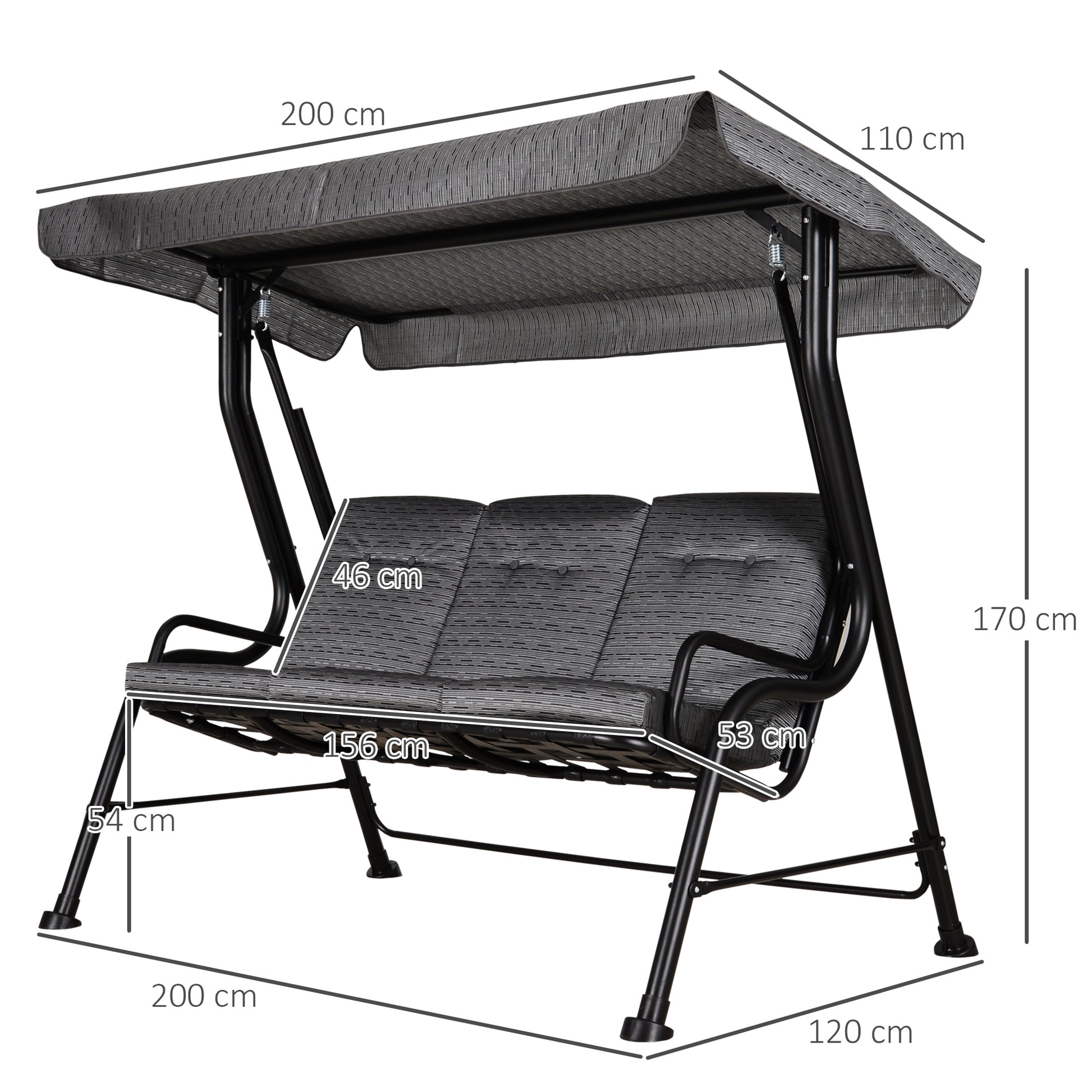 Hollywood Swing, 3-Seater Garden Swing, Adjustable Sun Canopy, Texteline Gray 200 x 120 x 170 cm