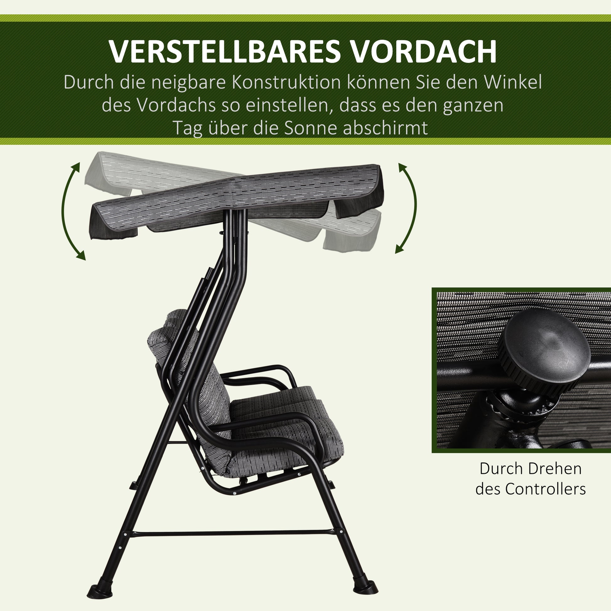 Hollywood Swing, 3-Seater Garden Swing, Adjustable Sun Canopy, Texteline Gray 200 x 120 x 170 cm