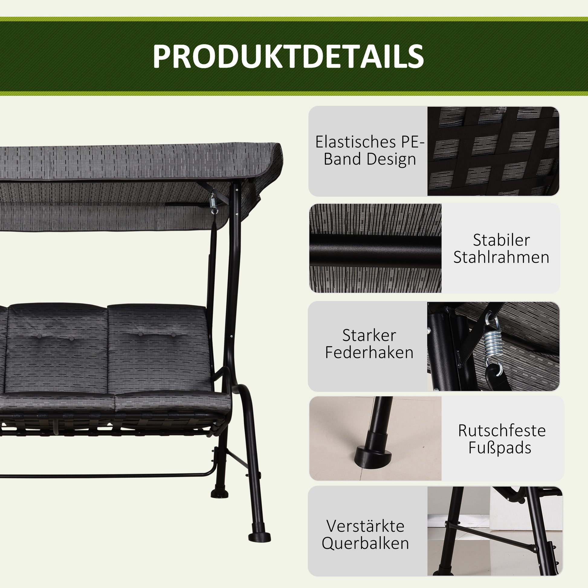 Hollywood Swing, 3-Seater Garden Swing, Adjustable Sun Canopy, Texteline Gray 200 x 120 x 170 cm