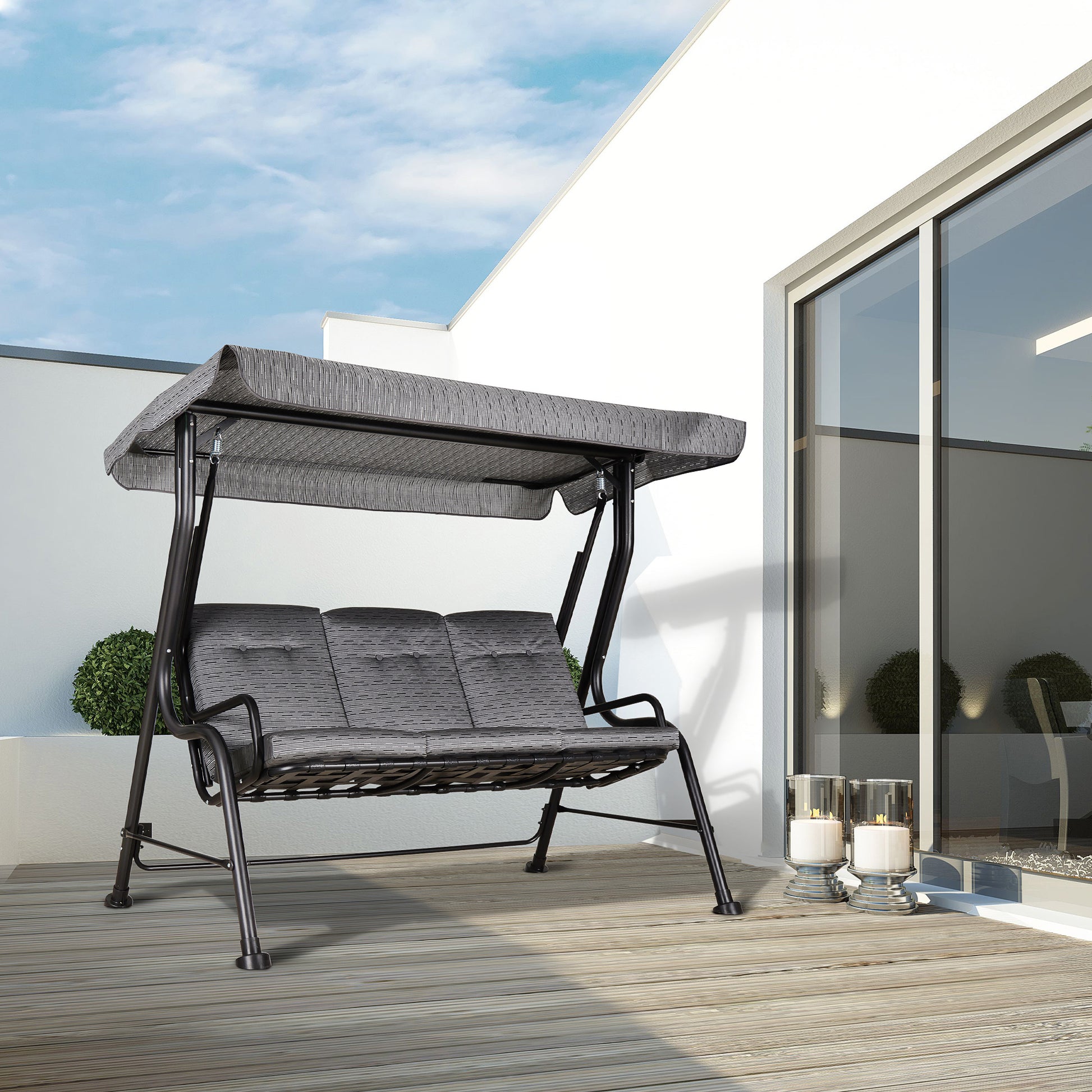 Hollywood Swing, 3-Seater Garden Swing, Adjustable Sun Canopy, Texteline Gray 200 x 120 x 170 cm