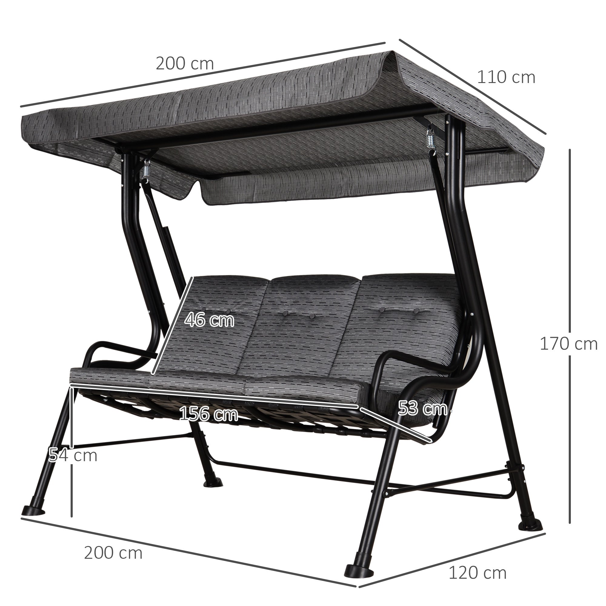 Hollywood Swing, 3-Seater Garden Swing, Adjustable Sun Canopy, Texteline Gray 200 x 120 x 170 cm