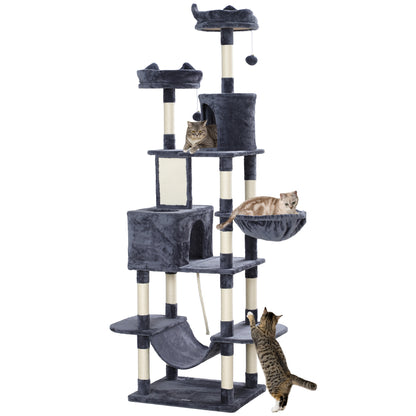 Large Cat Scratching Post Height 206 cm Cat Tree Tower with Platforms Caves Hanging Balls and Hammocks Dark Gray