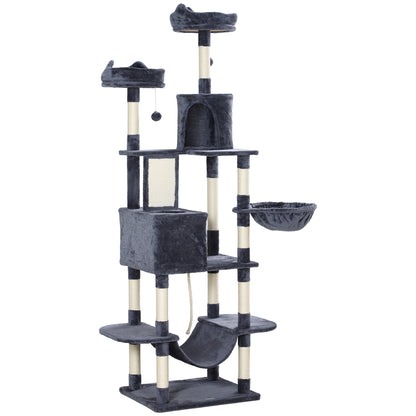 Large Cat Scratching Post Height 206 cm Cat Tree Tower with Platforms Caves Hanging Balls and Hammocks Dark Gray