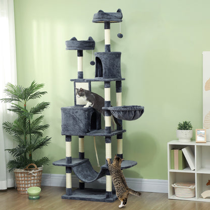 Large Cat Scratching Post Height 206 cm Cat Tree Tower with Platforms Caves Hanging Balls and Hammocks Dark Gray