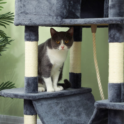 Large Cat Scratching Post Height 206 cm Cat Tree Tower with Platforms Caves Hanging Balls and Hammocks Dark Gray