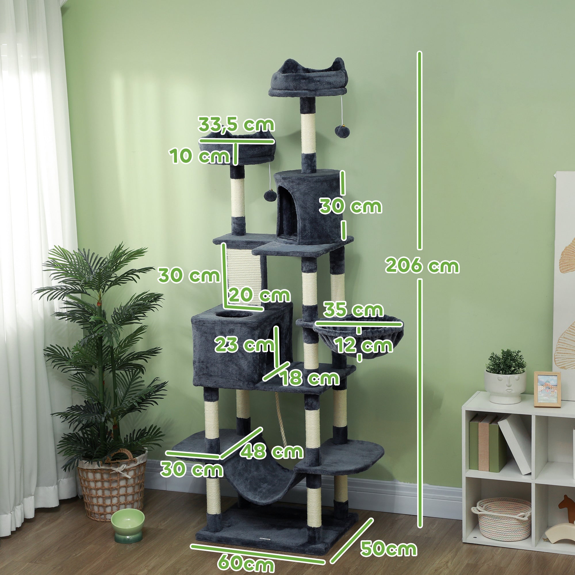Large Cat Scratching Post Height 206 cm Cat Tree Tower with Platforms Caves Hanging Balls and Hammocks Dark Gray