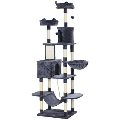 Large Cat Scratching Post Height 206 cm Cat Tree Tower with Platforms Caves Hanging Balls and Hammocks Dark Gray