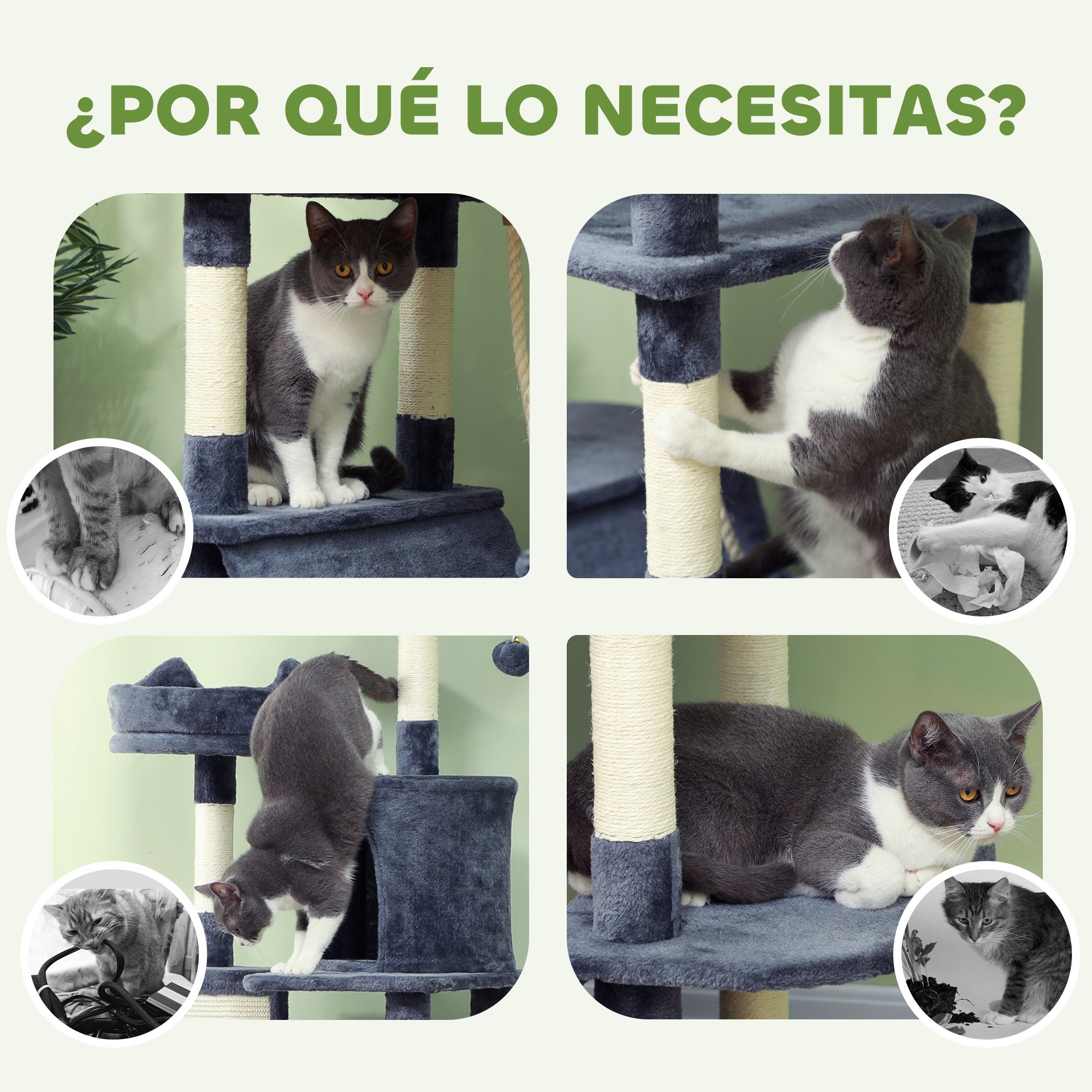 Large Cat Scratching Post Height 206 cm Cat Tree Tower with Platforms Caves Hanging Balls and Hammocks Dark Gray
