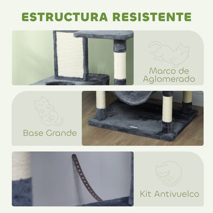 Large Cat Scratching Post Height 206 cm Cat Tree Tower with Platforms Caves Hanging Balls and Hammocks Dark Gray