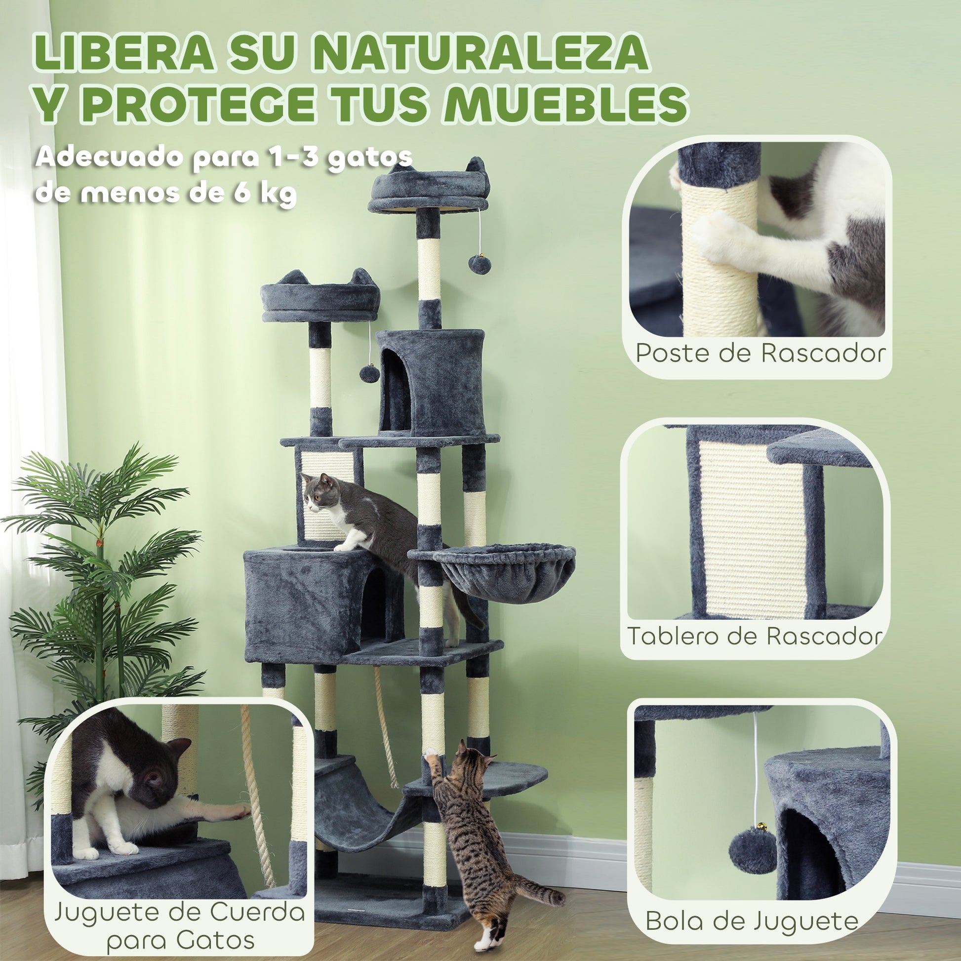 Large Cat Scratching Post Height 206 cm Cat Tree Tower with Platforms Caves Hanging Balls and Hammocks Dark Gray