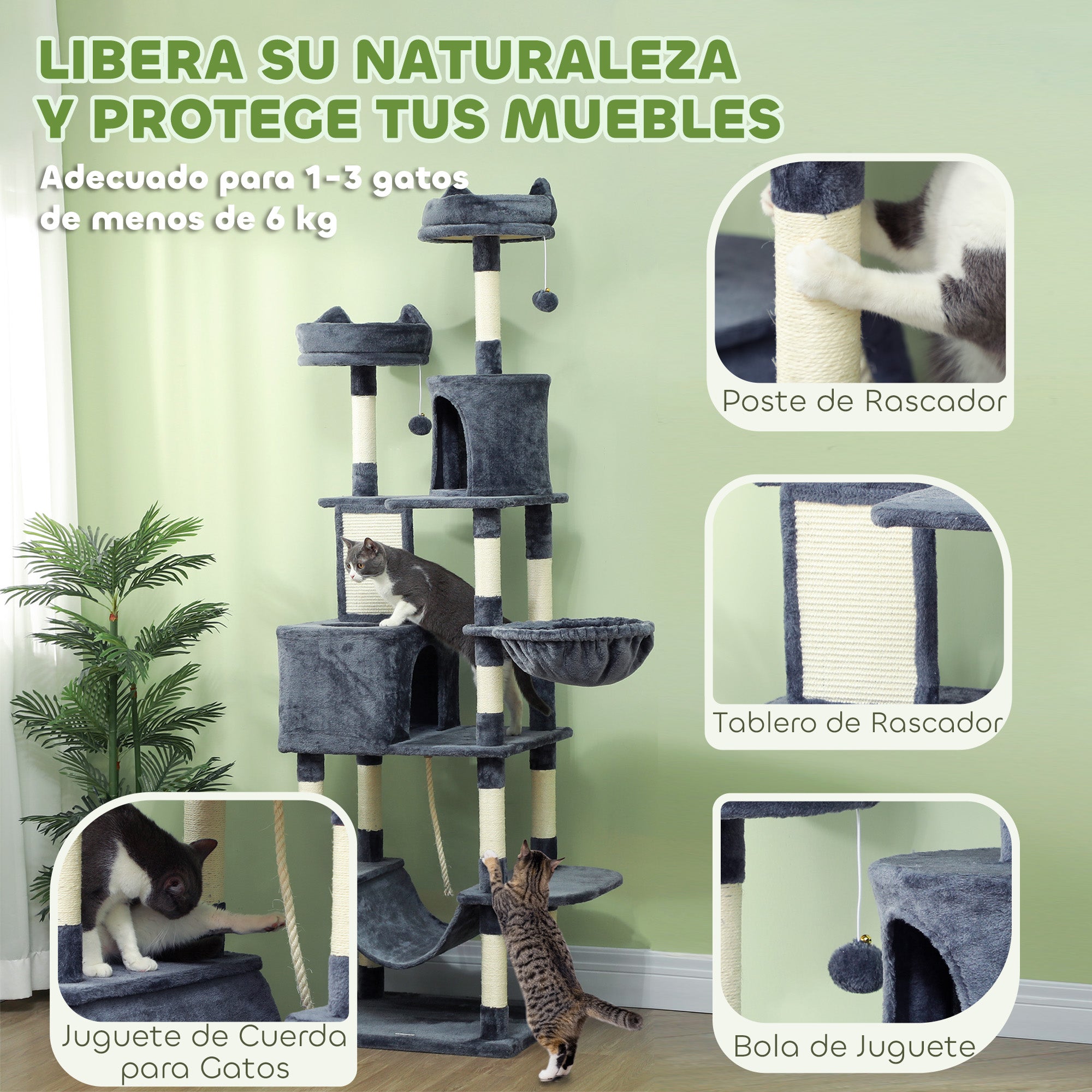 Large Cat Scratching Post Height 206 cm Cat Tree Tower with Platforms Caves Hanging Balls and Hammocks Dark Gray