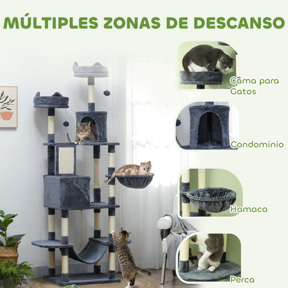 Large Cat Scratching Post Height 206 cm Cat Tree Tower with Platforms Caves Hanging Balls and Hammocks Dark Gray